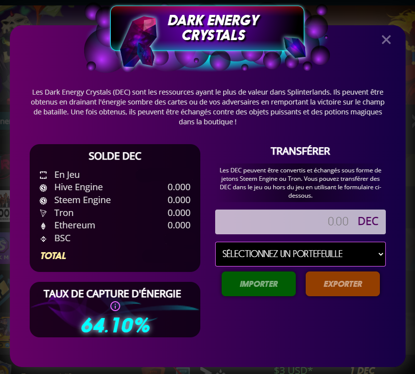 Vos DEC (Dark Energy Crystals) et votre TCE (Taux de capture d'énergie)